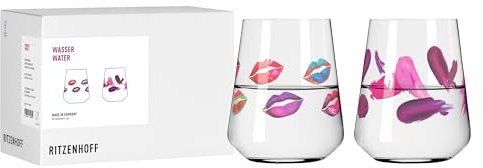 RITZENHOFF 8117002 Wasserglas 2er Set 500 ml, Serie Fashion - 2 Stück, Kussmund Motiv rot, Made in Germany