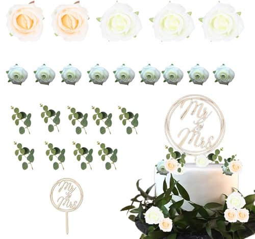MUNSKT 24 Stück Cake Topper Hochzeit Holz Tortendeko Hochzeit Mr Mrs Hochzeitstorte Topper Tortendeko Blumen Wiederverwendbare Cake Topper Rosen Geldpflanzen dekoration Hochzeitstorte Topper