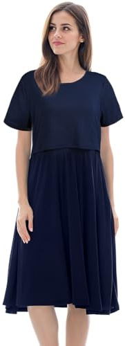 Aolso Vestido de maternidad de manga corta para mujer, vestido casual de lactancia con cuello redondo para lactancia, color liso/rayas blancas y negras con volantes, ropa de maternidad para mujer