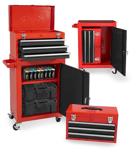DAIMANN - Carrello Porta Attrezzi Professionale con 3 Cassetti Scorrevoli e Armadietto con Serratura per Garage e Officina, Struttura in Metallo Verniciato Facile da Spostare (Rosso)