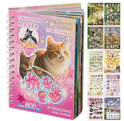 Scrapbook Aufkleber Book Selbstklebend Stickerbuch Dekorative - 800+ Stück Cute Cat und Dog Sticker, Tieraufkleber für Teenager, Erwachsene, Vintage Aufkleber für Journailing DIY Geschenk (Katze)