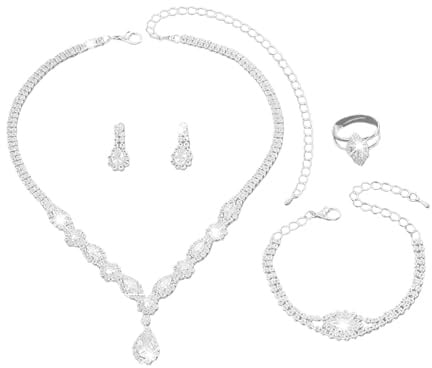 XFSRG Juegos de Joyas Mujer Conjunto de Joyas Novia y Dama Strass Lágrimas Colgante Collar Pendientes Pulsera Anillo Set Regalo para la Fiesta de Bodas