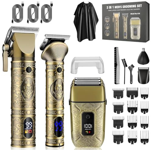 Kuxssul Haarschneidemaschine Herren Profi, Haarschneider und Barttrimmer Set mit Folienrasierer, Nasenhaartrimmer-Aufsatz, LED-Anzeige, Kabellos, Friseur Set für Zuhause und Barbier