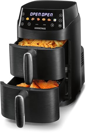 GOURMETmaxx FryUp, friggitrice ad aria calda a doppia camera verticale, XS | Airfryer con display touch a LED MultiColour, friggitrice ad aria calda a 2 camere, volume 5 l (2 x 2,5 l), friggitrice ad