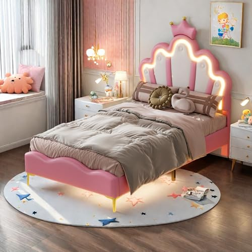 Lit Princesse 90x200 en Forme de Couronne, Lit Enfant avec LED et Tête de Lits Réglable, Cadre Lits 1 Place en Nuages pour Ado et Fille, Rose PU, sans Matelas