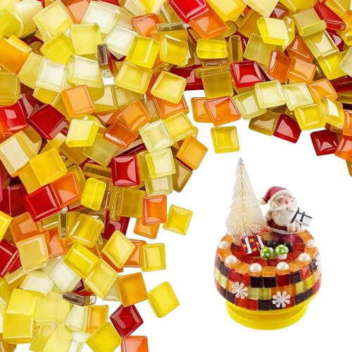 1100 Stück Mosaiksteine Glatte Abgerundete Mosaik Steine 1×1 CM | Mosaiksteine zum Basteln Satte Farben Glasmosaiksteine für DIY Mosaikdekorationen (Mischung Rot Gelb Orange)