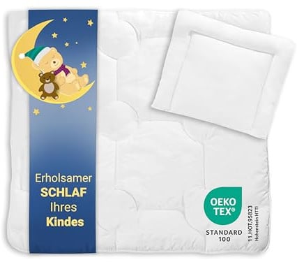 ZOLLNER Set aus Kopfkissen (35x40 cm) und Bettdecke (80x80 cm) für Kleinkinder, für Allergiker Geeignet, Mischgewebe, Waschbar bis 95°C, Hotelqualität, Füllung aus Silikonisierter Polyesterhohlfaser