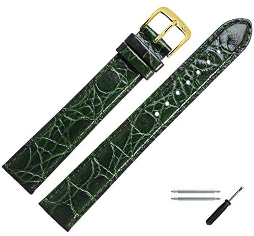 MARBURGER Uhrenarmband 16mm Leder Gruen Gold XL Kroko Prägung Mit Naht - Montage Set 6811660000220
