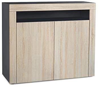 Vladon Kommode Valencia, Made in Germany, Sideboard mit 2 Türen und 1 offenem Fach, Schwarz matt/Eiche sägerau/Eiche sägerau (108 x 92 x 40 cm)