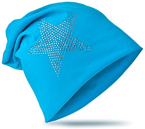 Miobo Kinder Slouch Beanie Mütze,Baumwolle,Strass Stern Lichtblau 54
