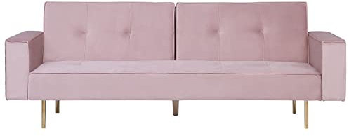 Canapé Clic-Clac en Velours Rose avec Fonction Lit et Pieds Dorés pour Salon au Design Glamour Beliani