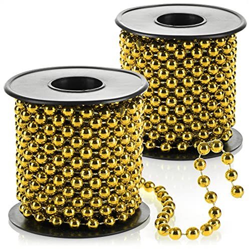 com-four® 2X Perlengirlande für den Weihnachtsbaum - Christbaumschmuck Perlenband - Weihnachtsdekoration - Hochzeitsdekoration - goldfarben 15 m