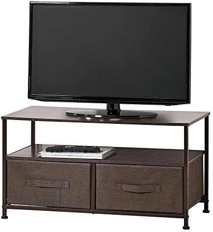 mDesign meuble TV avec boites de rangement – table TV étroite avec surface de rangement et 2 corbeilles – meuble télé moderne pour télévision, lecteur DVD et console de jeu – marron espresso