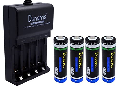 4pk Dunamis 1.2v AA 2500mAh NiMH Rechargeable Batteries & USB Charger/Battery Charging Dock - HIGH CAPACITY Batteries Suitable for High Drain Devices etc…(4pk + Charger, AA 2500mAh)