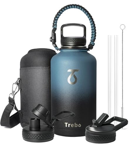 Thermosflasche mit Strohhalm 2L, Trebo Trinkflasche Edelstahl mit Paracord-Griff & 3 Deckeln, Edelstahl Trinkflasche Große Sportflasche Kalt halten 48 Stunden Wasserflasche, Indigo Schwarz