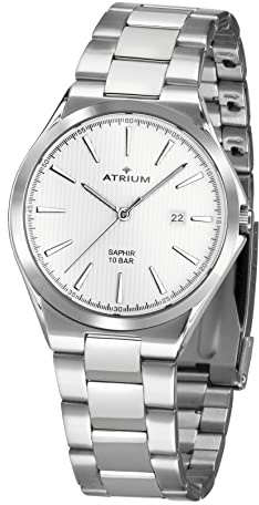 Atrium Herren-Armbanduhr Edelstahl Analog Quarz 10 bar Saphirglas mit Edelstahl Armband und Datum Anzeige silberfarben weiß A33-30