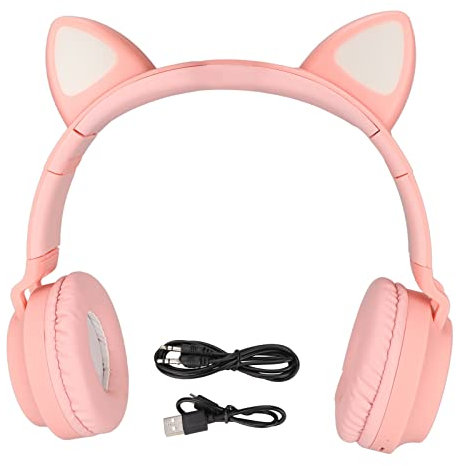 ciciglow Cat Ear PC Gaming Headset, LX-028 Casque de Jeu sans Fil Lumière LED Casque Bandeau Pliable avec Basses Profondes avec Cache-Oreilles Souples(Rose)