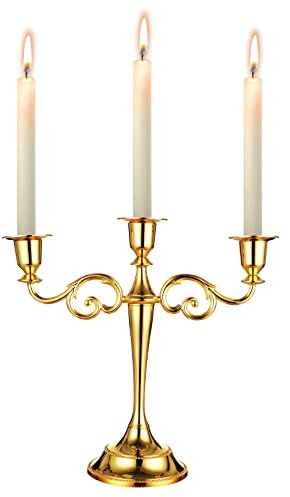 Candle Holder 3-Arms Metal Candle Stand for Taper Candles, Vintage Candelabra Decorative Candlestick Holder for Wedding Candlelight Dinner Party Tabletops Home Decoration (Gold)