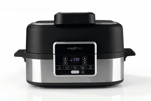 MAXXMEE Multi-Grill mit Heißluft-Funktion 1500w | Ober-/Unterhitze Tischgrill Antihaftbeschichtung | XL Garraum 4,5L zum Perfekten BBQ Look | 5 Programme & LED Display [Schwarz Silber/Kunstoff Stahl]