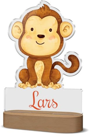 CHRISCK design Schlummerlicht Affe Nachtlicht mit individuellem Wunsch-Druck | LED-Licht aus Acrylglas & Holzsockel mit USB-Kabel | Für kleine und große Kinder zB Stilllicht Kindergeburtstag