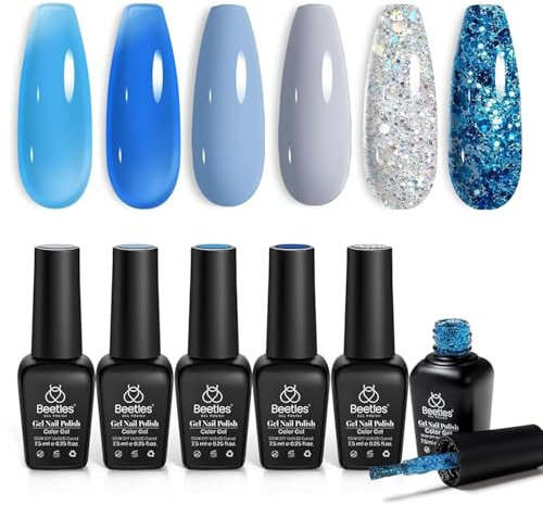 beetles Gel Polish Blue Gel Nail Art 6 Colors Jelly Blue Glitter Nail Design Spring Summer Manicure Set for Girls…