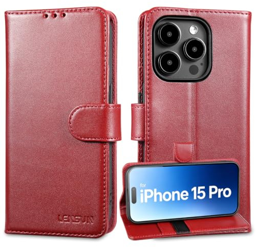 Lensun Cover in Pelle Vera per iPhone 15 Pro- Vino Rosso | Cover [RFID Blocking] Libro con Portafoglio Chiusura Magnetico Flip Custodie Cuoio