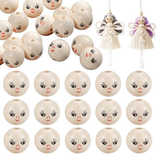 Holzkugeln 20mm Holzperlen Mit Gesicht Smile Face Holzkopf 50Stk Bastel Holzköpfe für Schlüsselanhänger Häkeln Weben Engel Handwerk Makramee DIY Schmuck