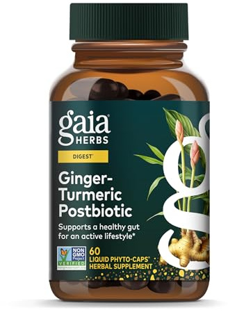 Gaia Herbs Ginger-Turmeric Postbiotic - Healthy Gut Support* - 60 Vegan Liquid Phyto-Caps (30 Servings)