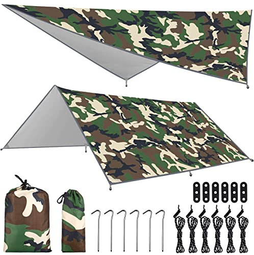 Frasheng Toldo de Refugio Impermeable 3M*3M,Tienda de Campaña Tarp,Hamaca Tienda de campaña,Toldo de Refugio Camping,con 6 Cuerdas + 6 Clavos de Tierra + Bolsa de Guarda,para Picnic,Pesca,Camping