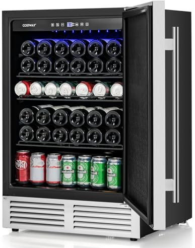 COSTWAY 140L Beer Drinks Fridge, 190 Cans Freestanding Wine Cooler with Reversible Door, 3 Shelves, Adjustable Temperature, LED Lights & Auto Defrost Function, Home Commercial Beverage Refrigerator