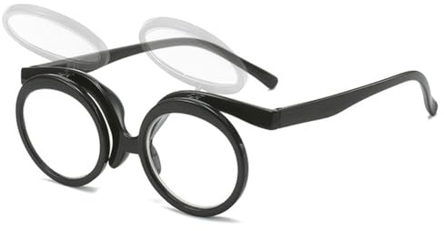 VEVESMUNDO Flip Up Lesebrille Runde Schminkbrille Auf und Bb Klappen Brillen mit klappbaren Glaesern +1.0,+1.5,+2.0,+2.5,+3.0,+3.5,+4.0 (1 Stück Hell Schwarz, +1.0)