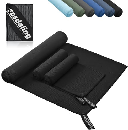 Fosdaling 3er Set Mikrofaser Handtuch: Groß 160×80cm & 2 Klein 80×40cm, Schnelltrocknend Microfaser Sporthandtuch, für Badetuch, Reisehandtuch, Fitness & Sport Handtücher und Strandtuch (Schwarz)