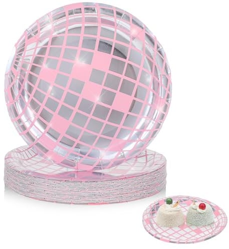 Grevosea 25 Pcs Pink Disco Ball Dinner Plates, 7 Disco Party Supplies for Bachelorette, Birthday & Reunion Parties