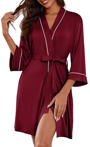 Ekouaer Dressing Gown for Women Lightweight Short Bathrobe Loungewear Robe | v-neck, soft smooth fabric, 3/4 sleeves, side pockets, white piping, spa hotel loungewear