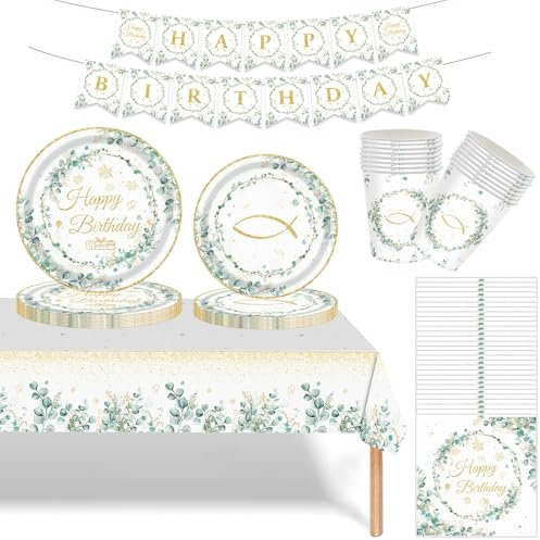Sage Green Eucalyptus Birthday Party Tableware Set - 70pcs Dinnerware With Paper Plates, Cups, Napkins, Tablecloth and Happy Birthday Banner for Party Supplies