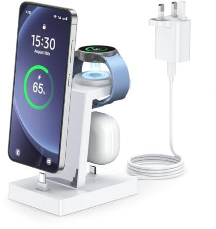 Fast Charging Station for Samsung - NANAMI Triple Charger Stand with 30W USB C Charger for Galaxy Watch Buds S25 Ultra A72 A55, 3 in 1 Charging Dock for Multiple Devices with USB C Port,Not for iWatch