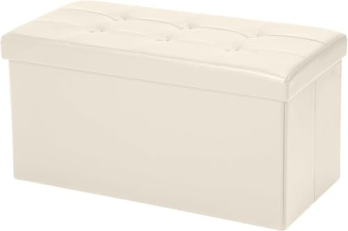 COSYLAND Sitzhocker mit Stauraum, Faltbare Sitzbank, Sitztruhe aus Kunstleder, gepolstert Sitzwürfel Fußhocker Aufbewahrungsbox mit Deckel, für Wohnzimmer Schlafzimmer, 76x38x38 cm (Cremefarben)