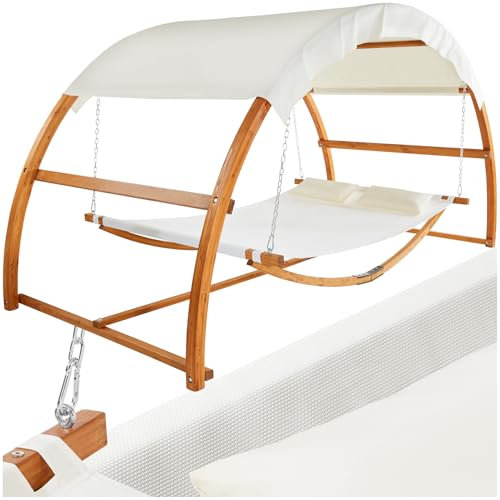 tectake® Hamac sur Pied XXL Hamac 2 Places Coton avec Toit & Support en Bois 328 x 160 x 171,5 cm, Supporte jusqu'à 250 kg, Couchage 202 x 138 cm, Coussins Inclus pour Terrasse Exterieur Piscine