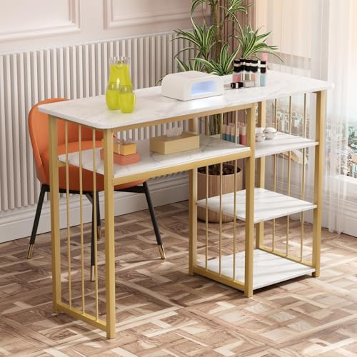 curfair Schminktisch Ohne Spiegel, Schreibtisch Mit Schubladen Maniküre Tisch Multi Open Shelves Metal Frame Computertisch Zum Schreiben Und Arbeiten