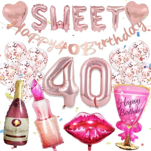 21 Stück 40. Geburtstag Deko Roségold, Deko 40 GEburtstag Frau | Sweet 40 DEko, Luftballon 40. Geburtstag Rosegold, Liebesherz, Lippenstiftballon, Sweet 40. GeBurtstag Frauen