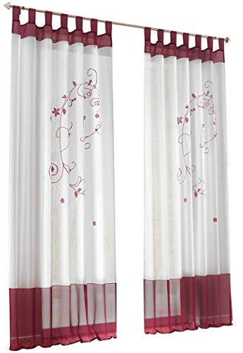 1er-Pack Gardine Schlaufen Gardinen mit Blumen Bestickt Transparent Voile Vorhang (BxH 140x245cm, Beere)