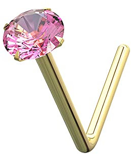 AZARIO LONDON 9K Yellow Gold Nose Stud Claw Set 2.5MM Fuchsia Round Crystal Stone 22 Gauge L Bend Nose Stud Piercing Jewellery