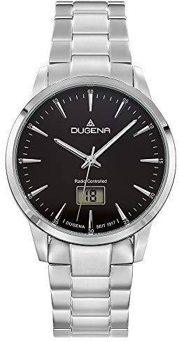 Dugena Herren-Armbanduhr Momentum, Funkuhrwerk, digitales Datum, Edelstahlgehäuse, Saphirglas, Edelstahlarmband, Faltschließe, 5 bar (schwarz)