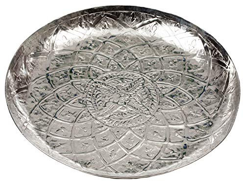 großes rundes XXL Tablett Ø 55 cm Aluminium verziert - flaches Dekotablett für Trockengestecke, für Kerzen, für Dekofiguren, zu Ostern oder Weihnachten