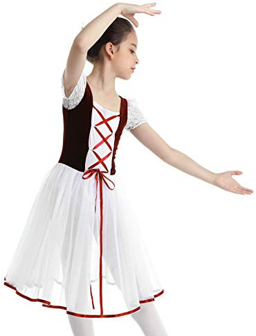 iEFiEL Mädchen Kurzarm Kleid Prinzessin Kleider Ballettkleid mit Tutu Rock Ballettanzug Tanzkleid Latein Tanzbekleidung Burgundy 140-152