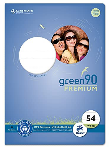 Staufen Green Vokabelheft - DIN A4, Lineatur 54 (Vokabelheft mit 2 Trennlinien), 40 Blatt, premiumweißes 90 g/m² Recyclingpapier, runde Ecken verhindern „Eselsohren“, 1 Stück