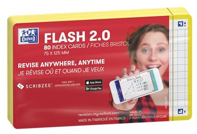 Oxford Flash 2.0 - 80 Fiches Bristol Flash Cards 7,5 x 12,5cm Petits Carreaux Cadre Jaune