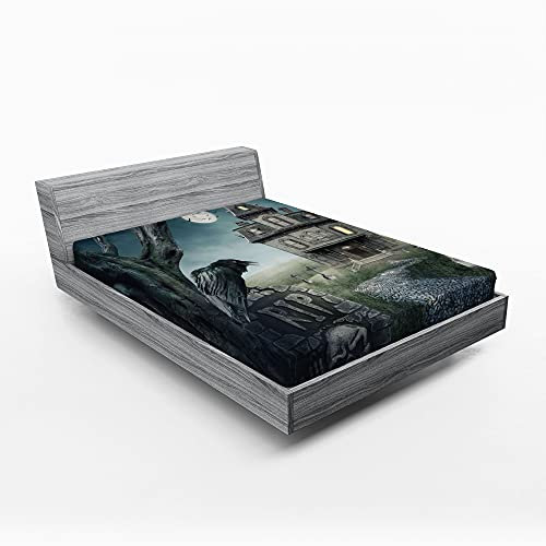ABAKUHAUS Halloween Spannbetttuch, Haunted House Crow Grab, Soft Dekorativer Stoff Bettwäsche Rund-um Elastischer Gummizug, 140 cm x 200 cm, Blau Schwarz