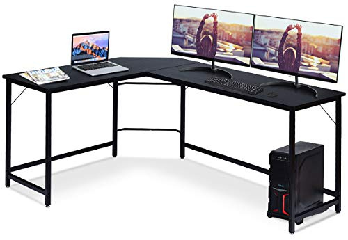 RELAX4LIFE Computertisch für Zwei Personen, Schreibtisch L-Form, Eckschreibtisch mit Verstellbarer Fußpolster und CPU Ständer, Platzsparender Winkeltisch für Arbeitszimmer & Büro, PC-Tisch (Schwarz)