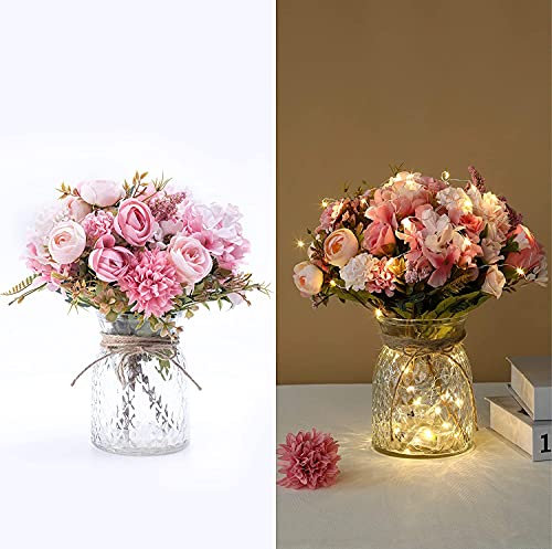 KELINGO Artificial LED Pink Rose Flowers with Glass Vase, Flower Arrangement for Table Centerpiece, Home Office Wedding Decoration